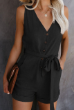 Casual Solid Buckle With Belt Straight Rompers
