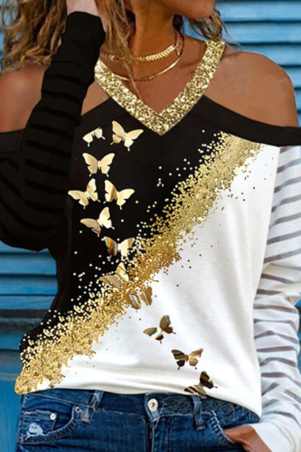 Casual Street Print Patchwork V Neck Tops