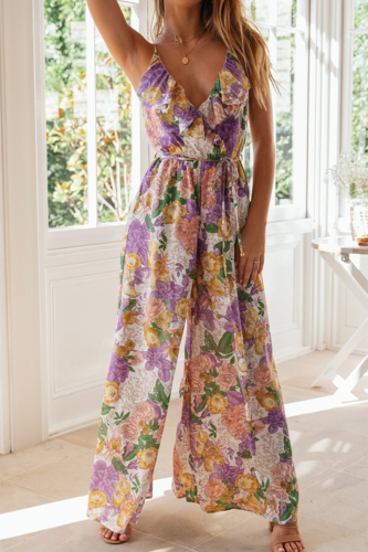 Sweet Elegant Floral Frenulum Flounce V Neck Jumpsuits