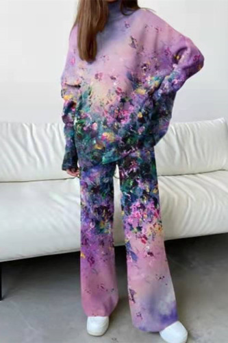 Casual Print Patchwork Turtleneck Long Sleeve Two Pieces