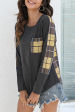 Casual Plaid Patchwork Pocket O Neck Tops