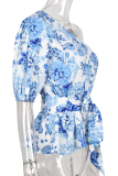 Casual Print Patchwork One Shoulder T-Shirts