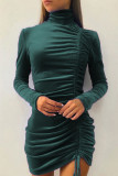 Fashion Elegant Solid Draw String Turtleneck Wrapped Skirt Dresses