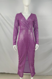 Fashion Elegant Solid Patchwork Slit Sequined V Neck Evening Dress Dresses