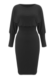 Elegant Solid Patchwork Fold O Neck Pencil Skirt Dresses