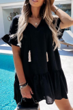Fashion Sweet Solid Tassel Patchwork Flounce V Neck A Line Dresses