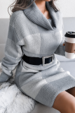 Casual Plaid Patchwork Contrast Turtleneck Pencil Skirt Dresses Sweater (Without Belt)