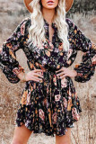 Fashion Casual Print Patchwork Turndown Collar Long Sleeve Dresses