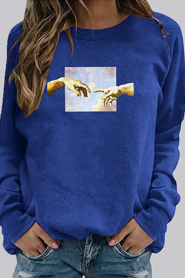 Fashion Street Print Patchwork O Neck Tops