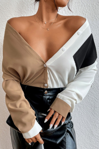 Elegant College Color Block Patchwork Turndown Collar Tops