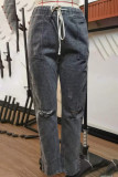 Street Solid Ripped Frenulum Straight Denim Jeans