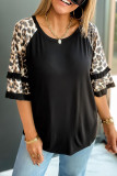 Casual Print Leopard Patchwork O Neck T-Shirts