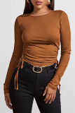 Casual Solid Draw String O Neck Tops