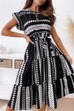 Casual Print Patchwork O Neck Waist Skirt Dresses