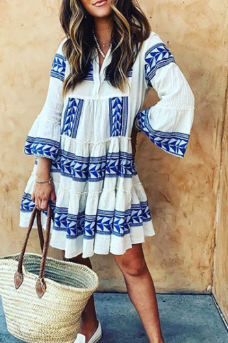 Casual Print Patchwork V Neck Cake Skirt Dresses