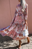 Casual Print Patchwork V Neck Cake Skirt Dresses