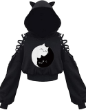 Party Print Hollowed Out Patchwork Hooded Collar Tops