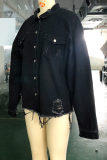 Casual Solid Ripped Make Old Turndown Collar Long Sleeve Denim Jacket