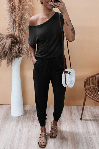 Casual Solid Patchwork One Shoulder Harlan Jumpsuits
