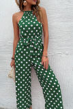 Fashion Dot Patchwork Halter Straight Jumpsuits