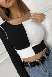 Street Patchwork Contrast O Neck Tops