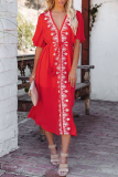 Casual Print Patchwork V Neck Cake Skirt Dresses