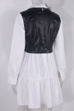 Elegant Patchwork Flounce Contrast Turndown Collar A Line Dresses