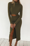 Fashion Casual Solid Patchwork Slit Turtleneck Long Sleeve Two Pieces