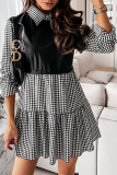 Elegant Patchwork Flounce Contrast Turndown Collar A Line Dresses