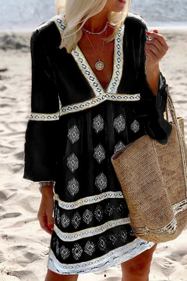 Casual Print Patchwork V Neck Cake Skirt Dresses