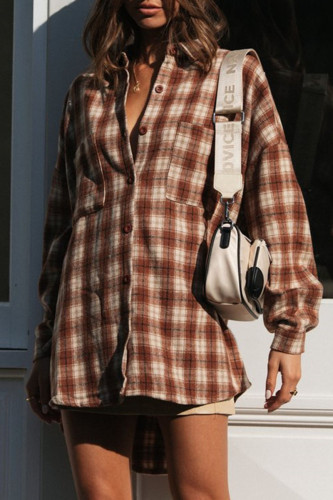 Fashion Street Plaid Patchwork Turndown Collar Tops