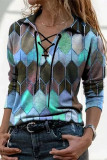 Loose Printed Long-Sleeved Tie V-Neck T-Shirt