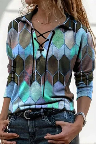 Loose Printed Long-Sleeved Tie V-Neck T-Shirt
