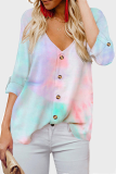 Casual Tie Dye Patchwork Buckle V Neck Tops