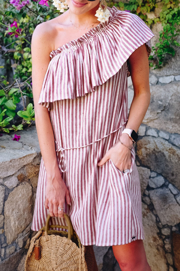 Fashion Street Striped Patchwork One Shoulder A Line Dresses