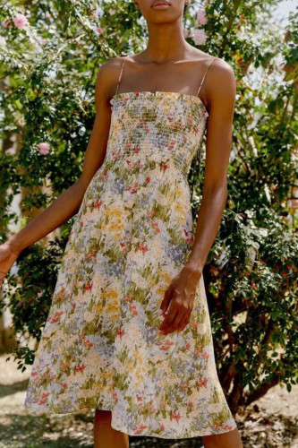 Fashion Street Print Patchwork Spaghetti Strap A Line Dresses