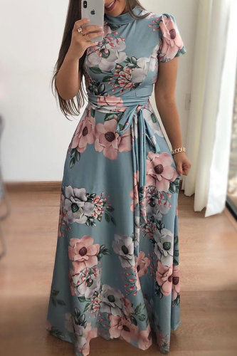 Casual Print Patchwork Half A Turtleneck Waist Skirt Dresses