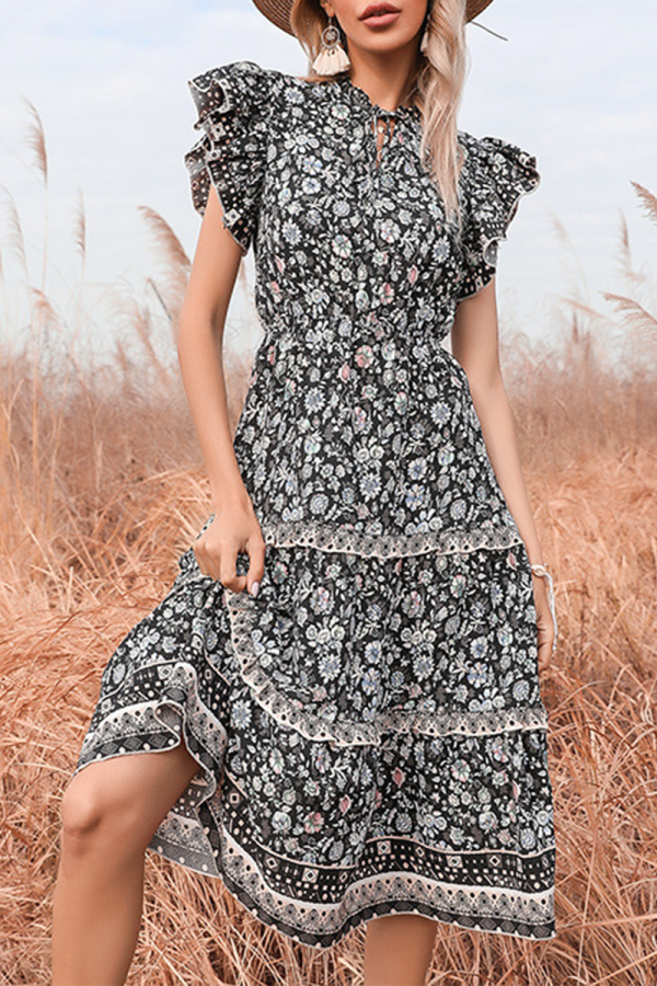Elegant Floral Patchwork Frenulum Stringy Selvedge V Neck A Line Dresses
