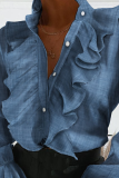 Elegant Solid Buckle Flounce Mandarin Collar Tops