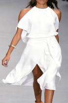 Fashion Solid Patchwork O Neck Waist Skirt Dresses