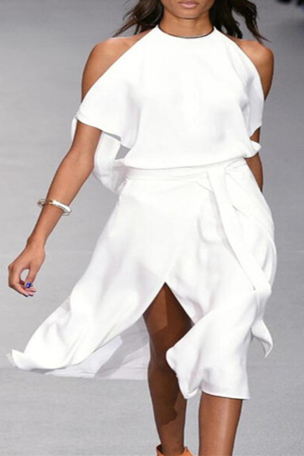 Fashion Solid Patchwork O Neck Waist Skirt Dresses