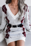 Casual Geometric Patchwork Contrast V Neck Dresses Sweater (Without Belt)