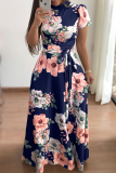 Casual Print Patchwork Half A Turtleneck Waist Skirt Dresses