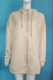 Casual Solid Draw String Pocket Zipper Hooded Collar Tops