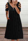 Casual Solid Hollowed Out Zipper V Neck A Line Dresses