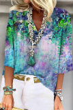 Fashion Patchwork Tie-dye V Neck T-Shirts