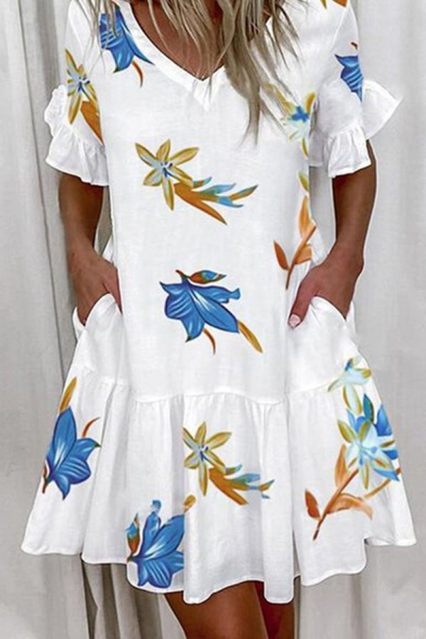 Fashion Casual Print Patchwork V Neck A Line Dresses