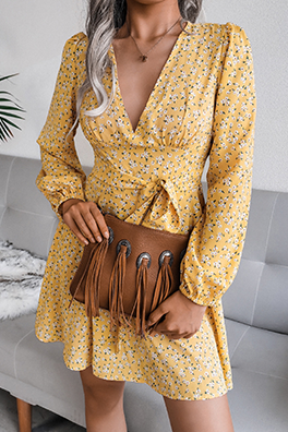 Casual Floral Patchwork Frenulum V Neck A Line Dresses