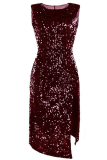 Fashion Elegant Solid Sequins Slit O Neck Pencil Skirt Dresses