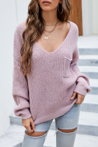 Casual Solid Patchwork Pocket V Neck Tops